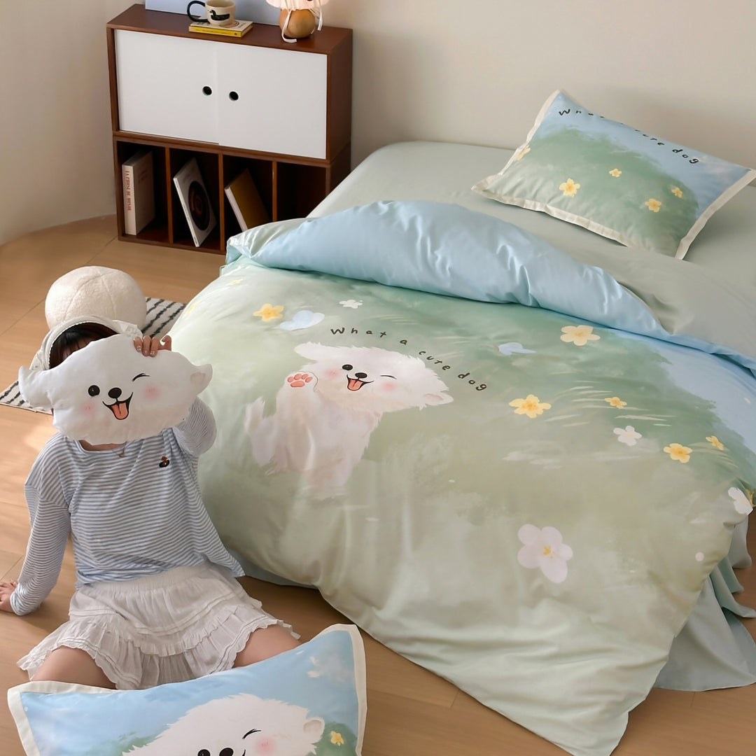 Cartoon Puppy Printed Cotton Sateen Duvet Cover and Pillowcase Set with Piped Edge