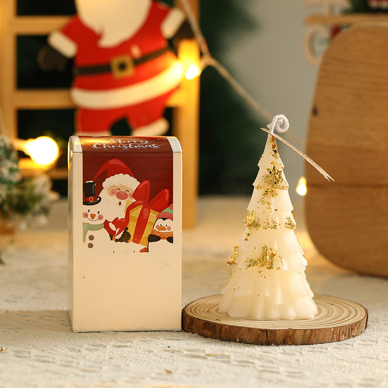 Festive Layered Pine-Needle Textured Decorative Tabletop Wax Tree Candle