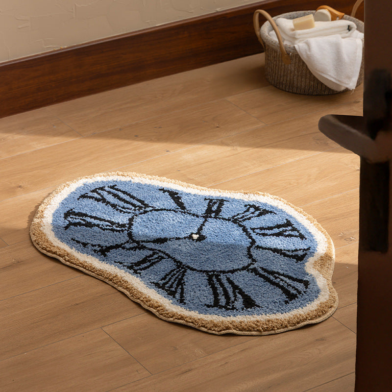 Tufted bathroom rug with abstract clock design and non-slip backing