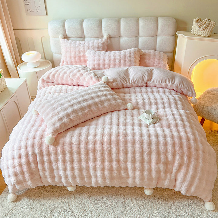 Plush Waffle-Texture Pom-Pom Duvet Cover Bedding Set
