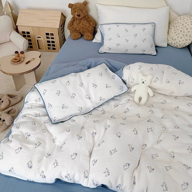 Muslin Cotton Quilted Duvet Cover Set with Whimsical Animal Print and Piped Edge