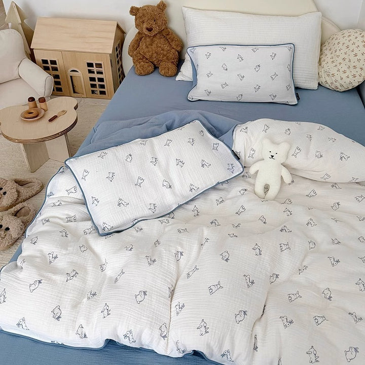 Muslin Cotton Quilted Duvet Cover Set with Whimsical Animal Print and Piped Edge