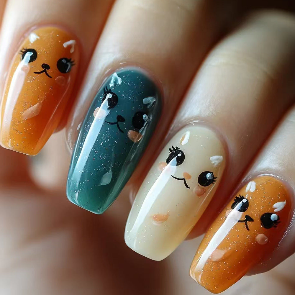Playful Cat-Themed Press-On Nail Art Stornfield