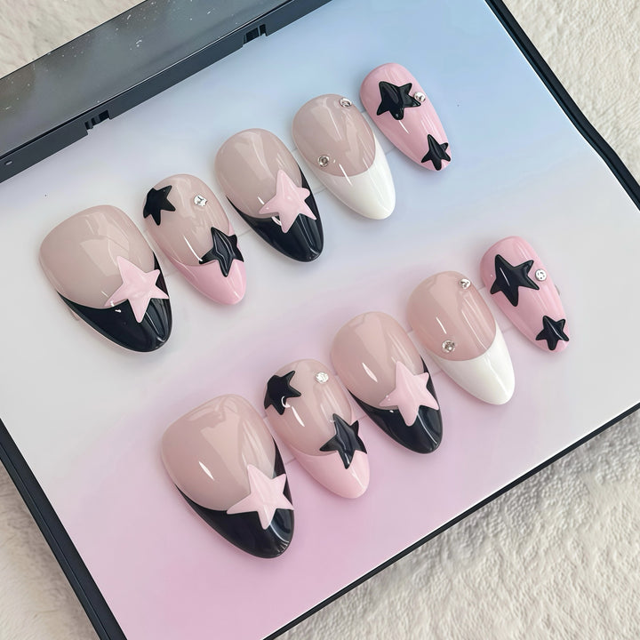 Decorative Press-On Nail Set with Artistic Star Design