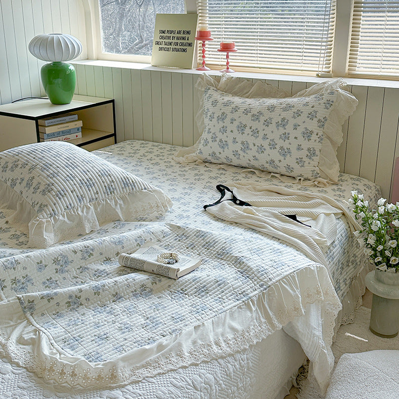 Quilted Polka Dot Cotton Bedspread Set with Eyelet Lace Ruffled Shams