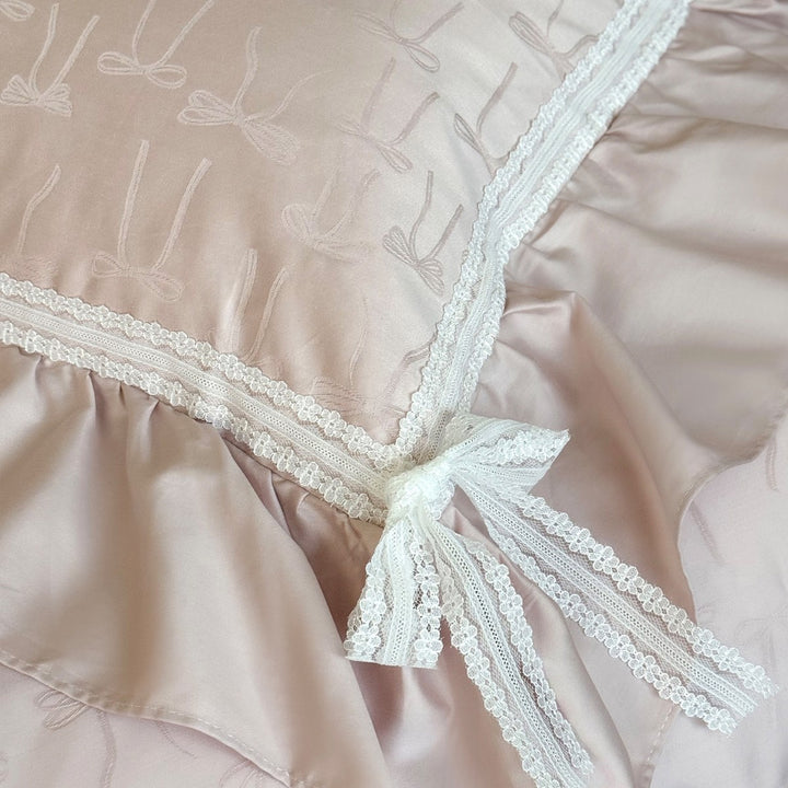 Ruffled Jacquard Bow-Pattern Sateen Duvet Cover Set with Lace Trim and Pillow Shams
