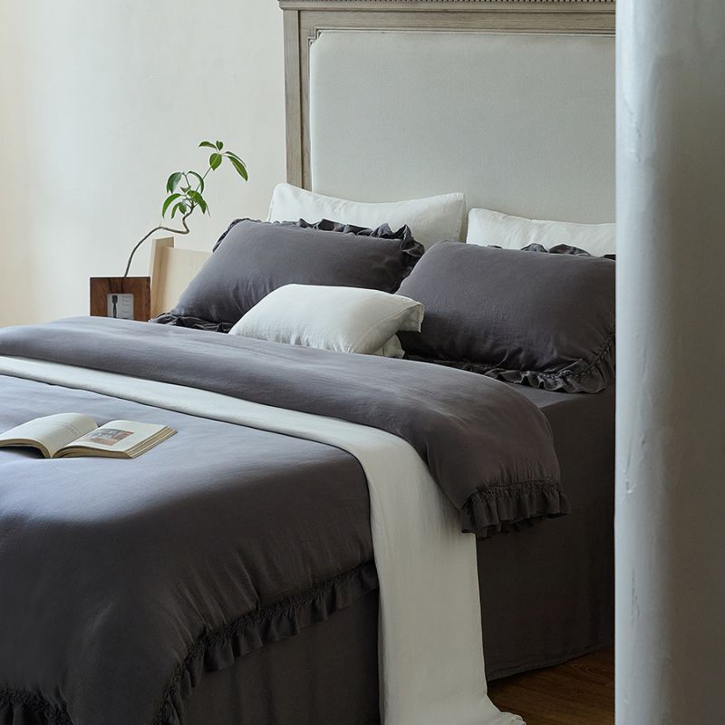 Ruffled Washed Linen-Feel Duvet Cover Set with Pillow Shams & Bedskirt