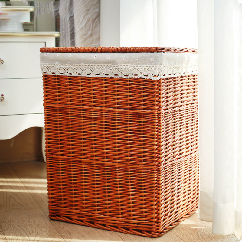Ladies laundry basket with checked fabric cover and elegant lace trim Stornfield