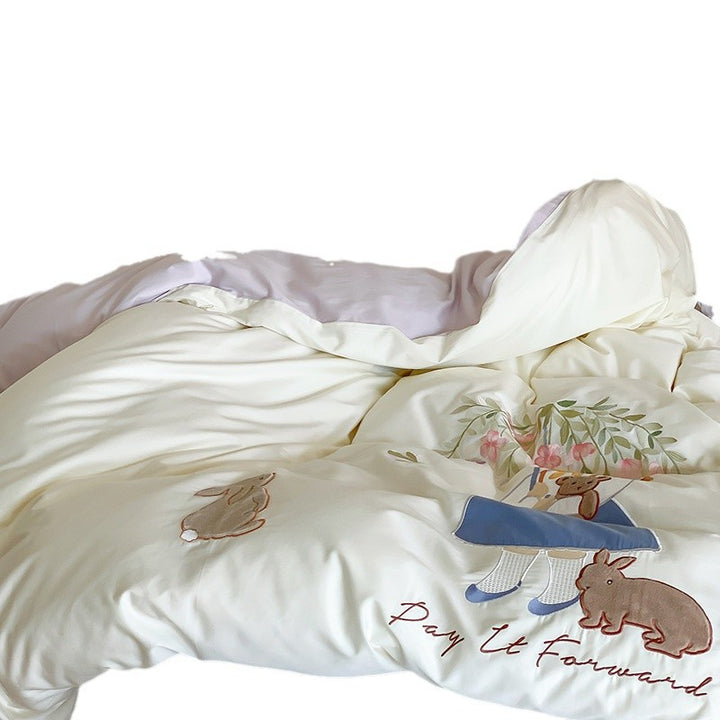 Whimsical Bunny Embroidered Cotton Duvet Cover and Pillowcase Set