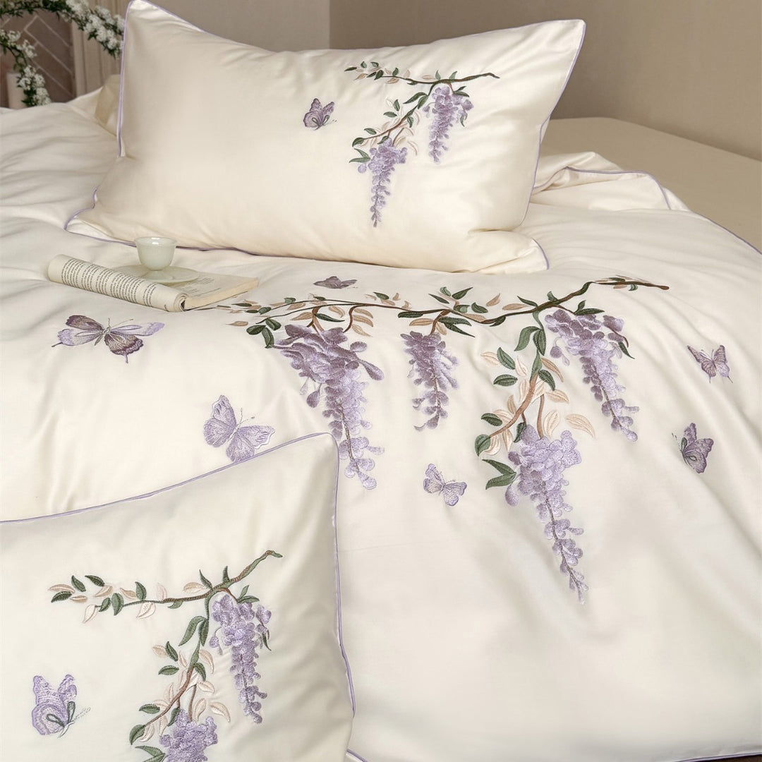 Embroidered Botanical Satin Duvet Cover Set with Delicate Wisteria Motif