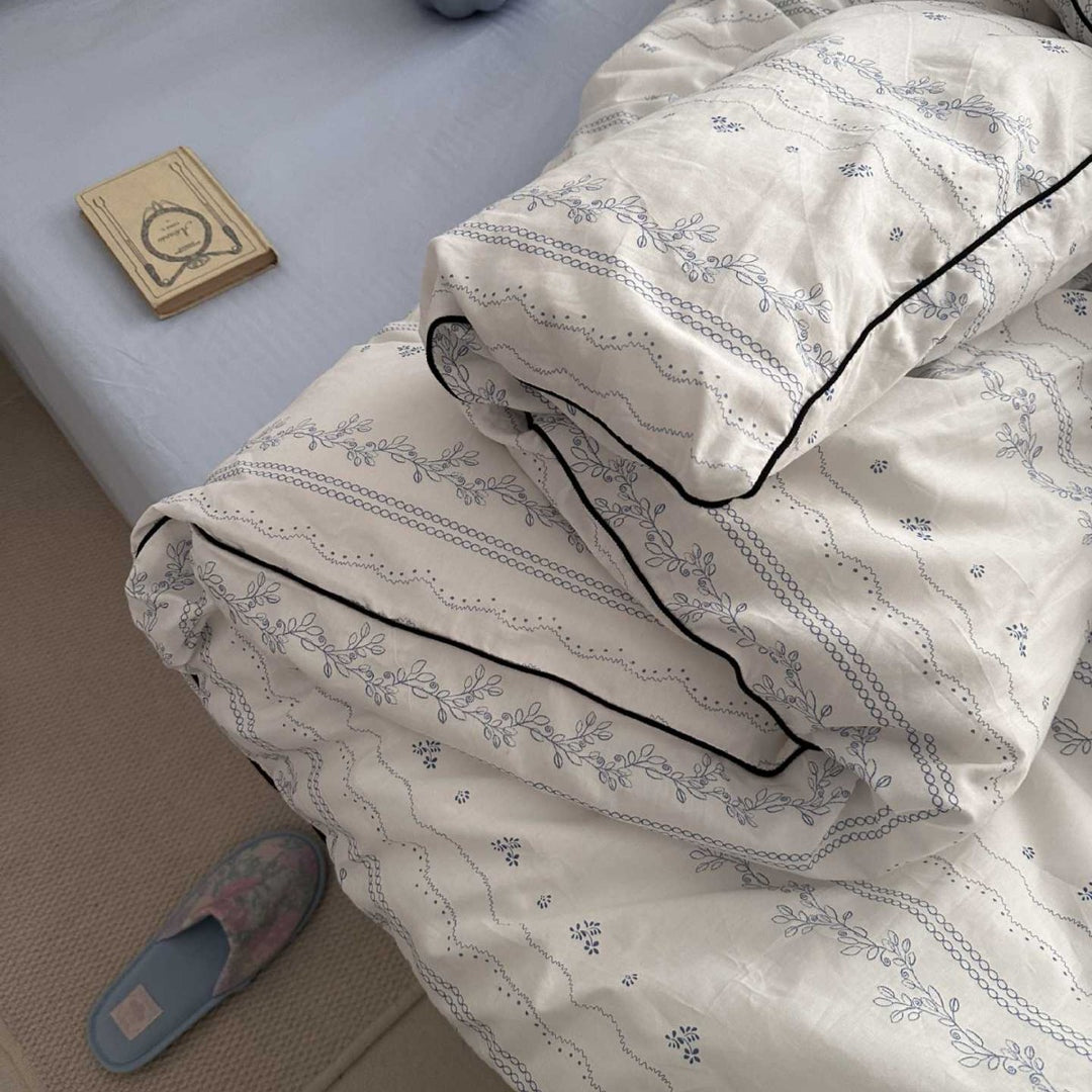 Cotton Sateen Floral-Stripe Duvet Cover Set with Contrast Piping and Ruffled Shams
