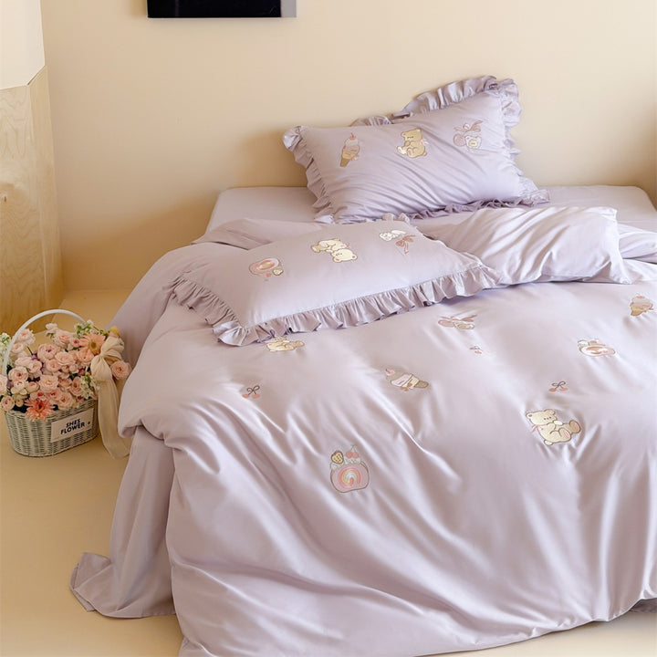 Ruffled Embroidered Duvet Cover Set with Cartoon Bear & Dessert Motifs
