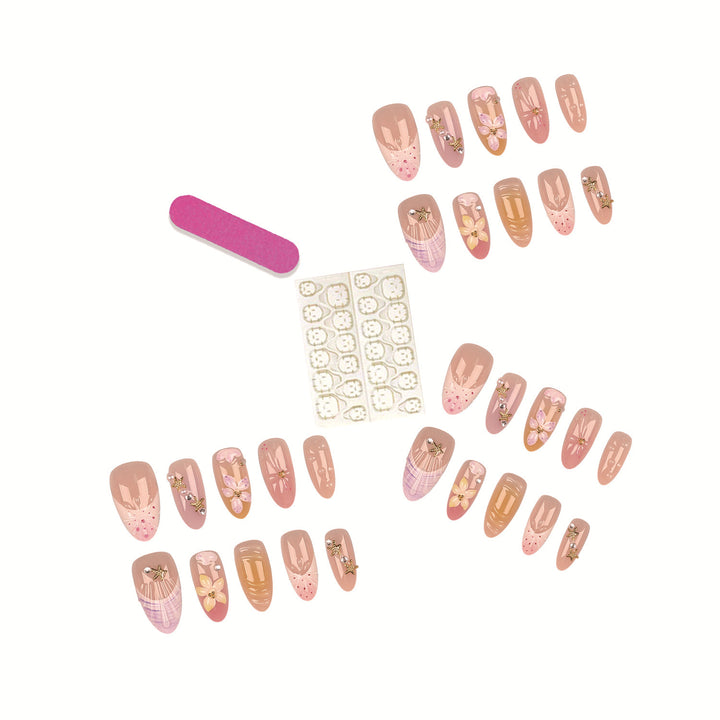 Decorative Press-On Nail Set with Floral Accents