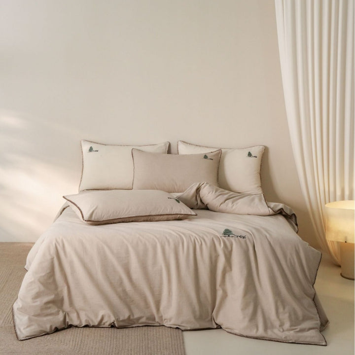 Stonewashed Cotton Duvet Cover Set with Blanket-Stitch Edge and Mini Tree Embroidery