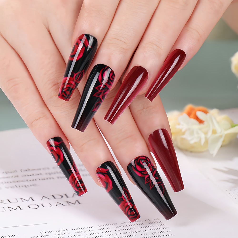 artistic nail tips with floral rose pattern Stornfield