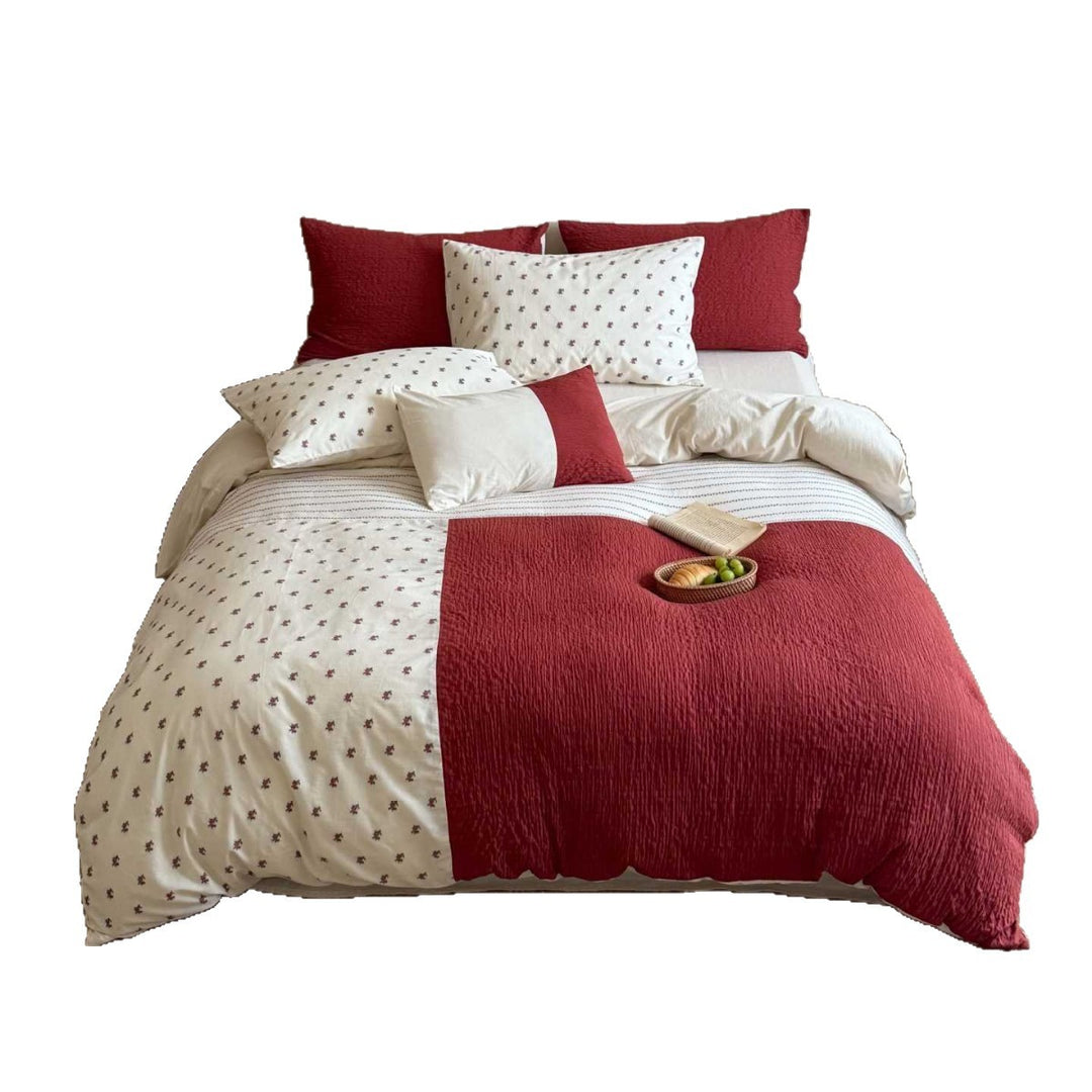 Reversible Cotton-Linen Patchwork Duvet Cover Set with Mini Floral Print and Textured Quilting
