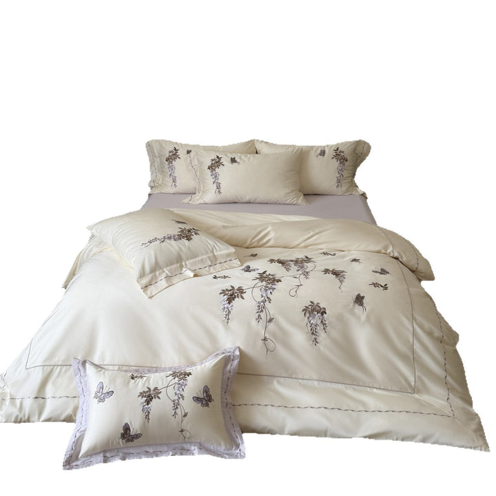 Embroidered Wisteria and Butterfly Cotton Sateen Duvet Cover Set with Piped Edge
