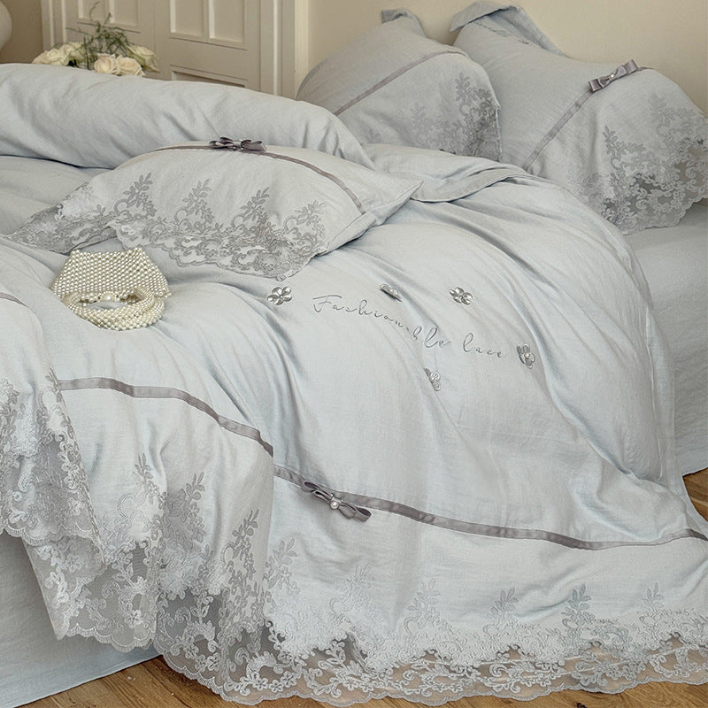 Romantic Lace-Edged Embroidered Duvet Cover Set with Satin Ribbon Trim & Scalloped Hem