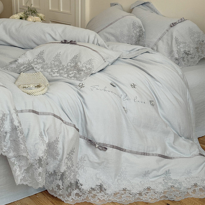 Romantic Lace-Edged Embroidered Duvet Cover Set with Satin Ribbon Trim & Scalloped Hem