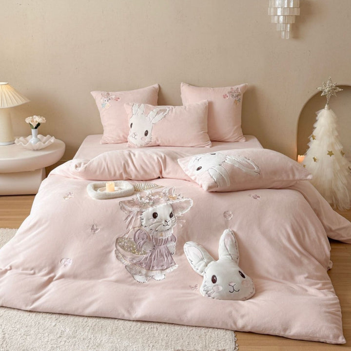 Children's Plush Bunny Appliqué Duvet Cover Bedding Set