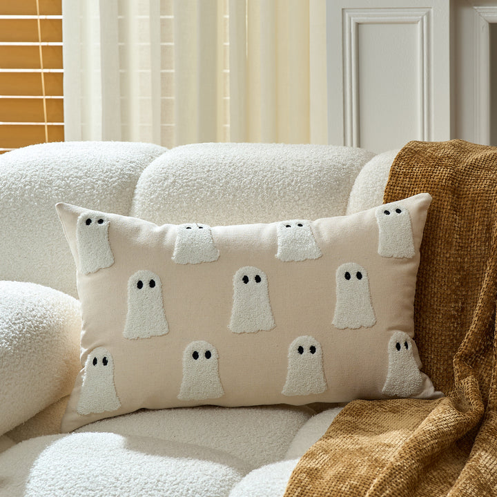 Tufted Chenille Ghost Appliqué Square Cushion Cover with Hidden Zipper
