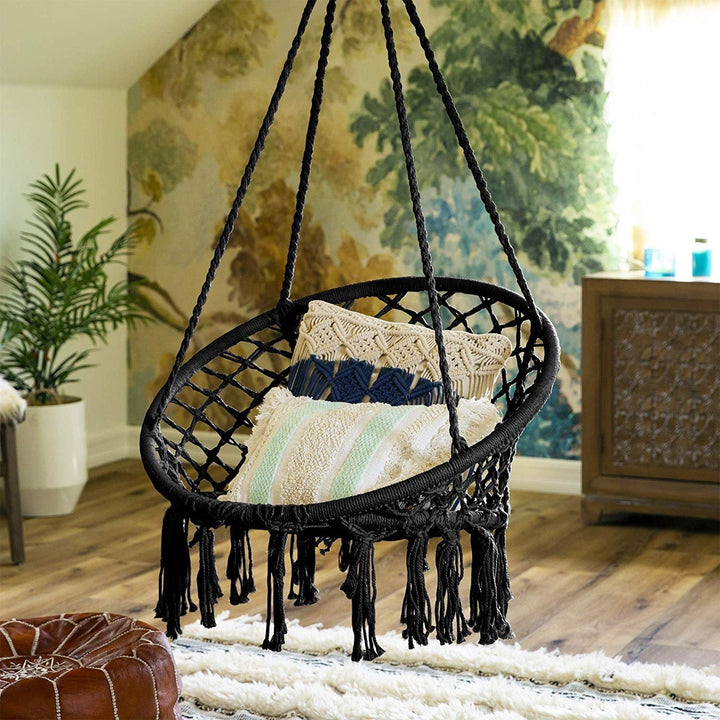 Macrame hanging swing chair boho woven fringe indoor outdoor hammock seat Stornfield