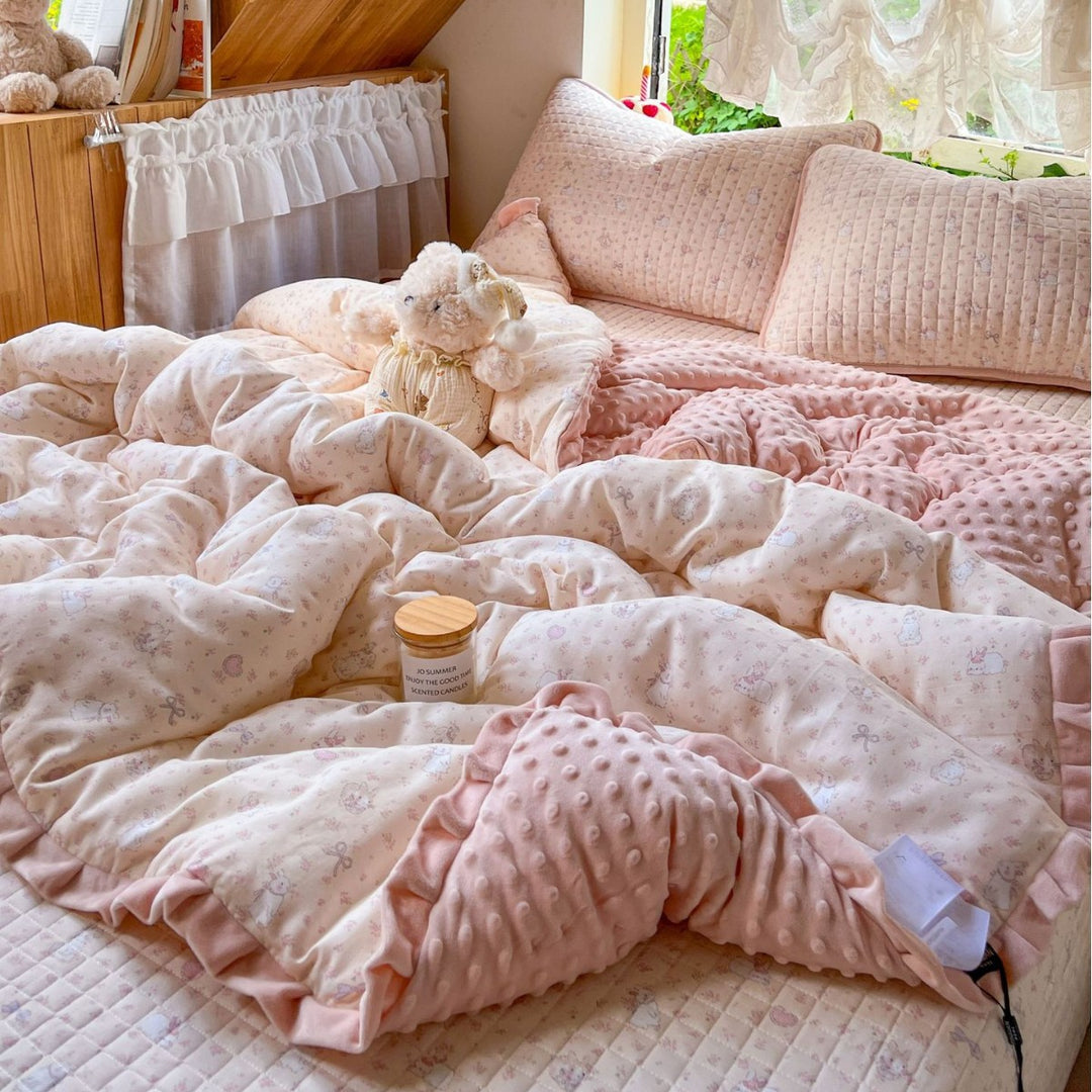 Children's Quilted Reversible Minky-Back Duvet Comforter Set with Ruffled Edge