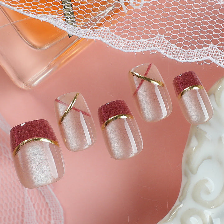 Creative Press-On Nail Art Set with Elegant Gold Accents