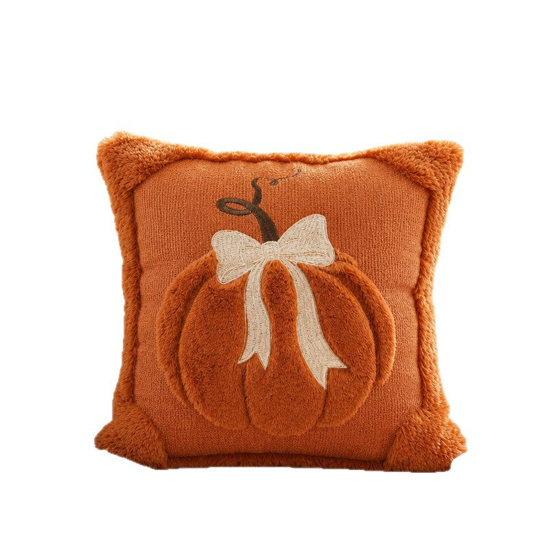 Autumn Plush Decorative Throw Pillow with Dimensional Pumpkin Applique