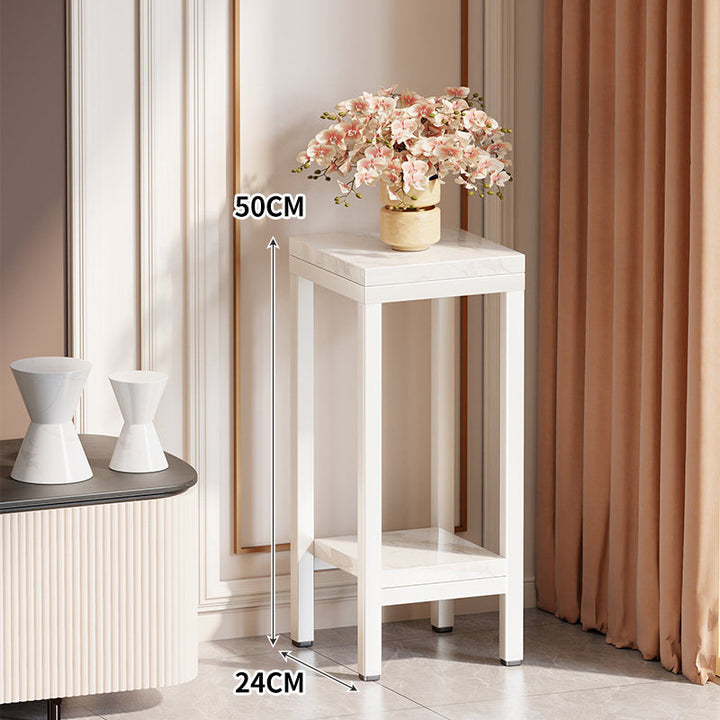 Tall Narrow Marble-Top Plant Stand Side Table with Lower Shelf and Gold Metal Frame