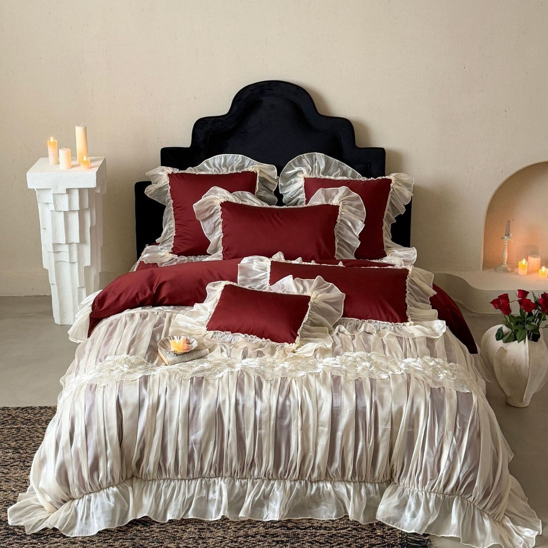 Luxurious satin bedding set with frills and lace trim
