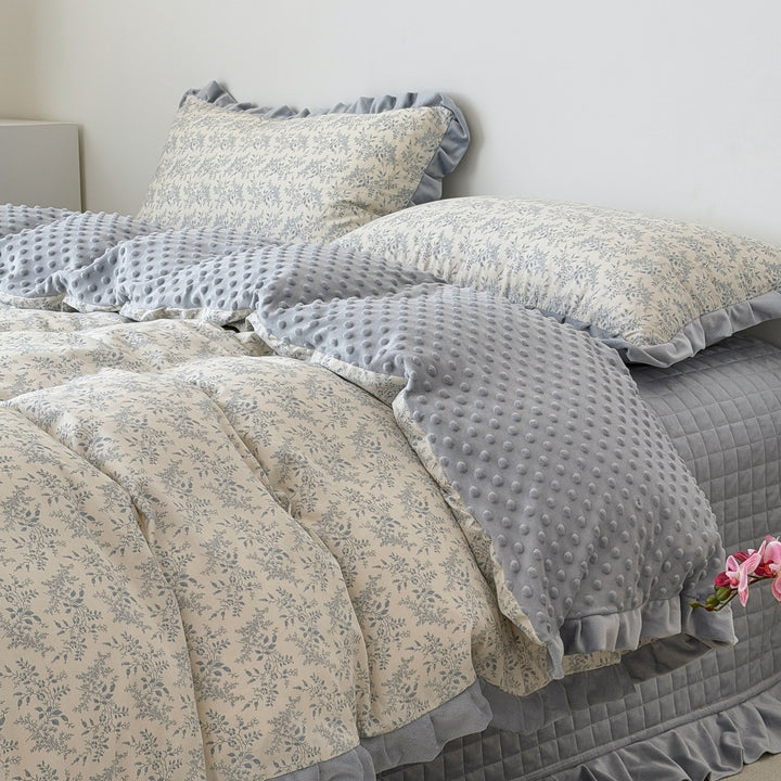 Floral Cotton Duvet Cover Set with Velvet-Trimmed Ruffled Shams and Plush Minky Throw