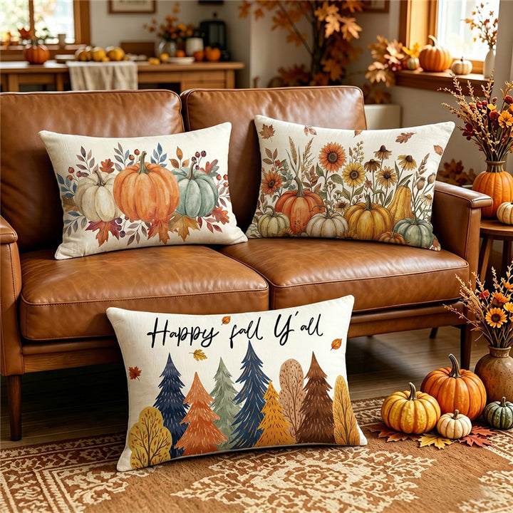 Rectangular Linen-Cotton Decorative Pillow Cover with Polka Dot Background and Autumn Pumpkin Floral Print