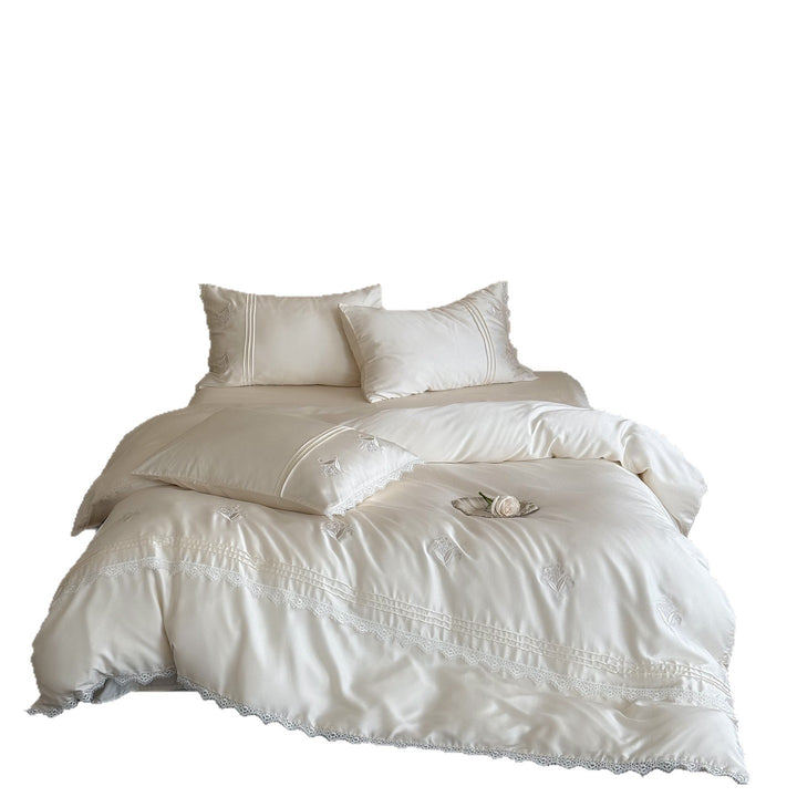Organic Cotton Embroidered Duvet Cover Set with Lace-Trimmed Pillow Shams and Pin-Tuck Detail