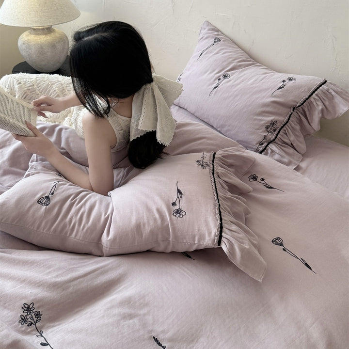 Embroidered Organic Cotton Duvet Cover and Ruffle Pillowcase Set