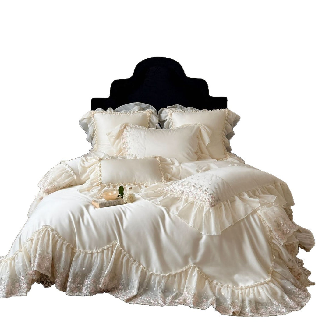 Ruffled Satin-Effect Embroidered Duvet Cover Set with Lace Trim