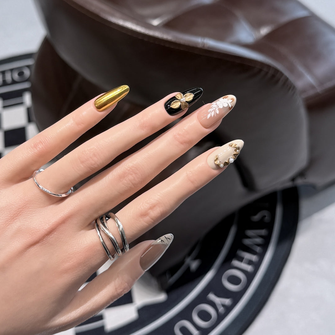 Artistic Press-On Nail Set with Decorative Floral Elements Stornfield