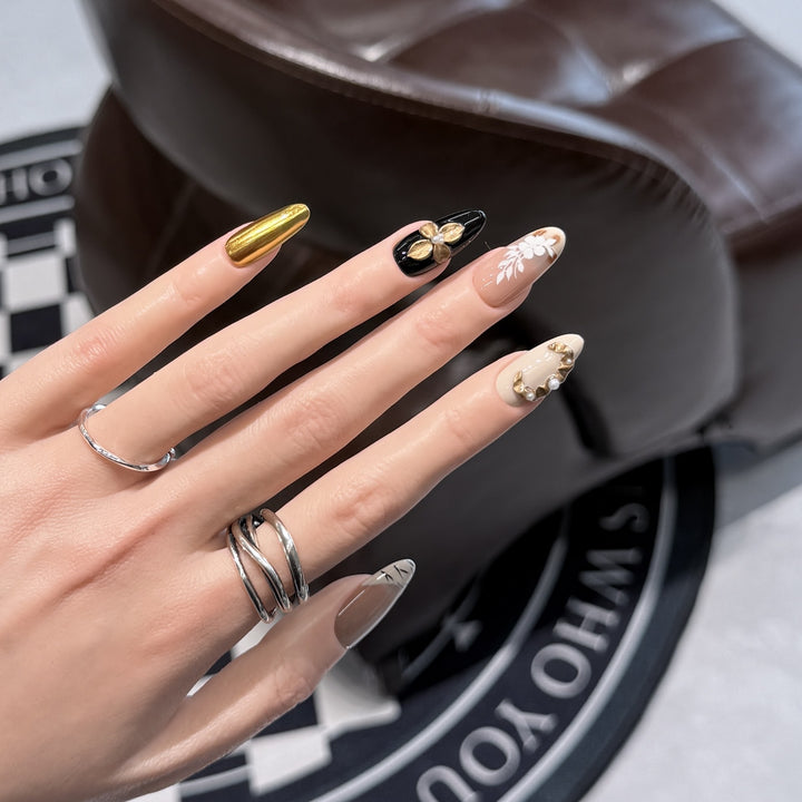 Artistic Press-On Nail Set with Decorative Floral Elements Stornfield
