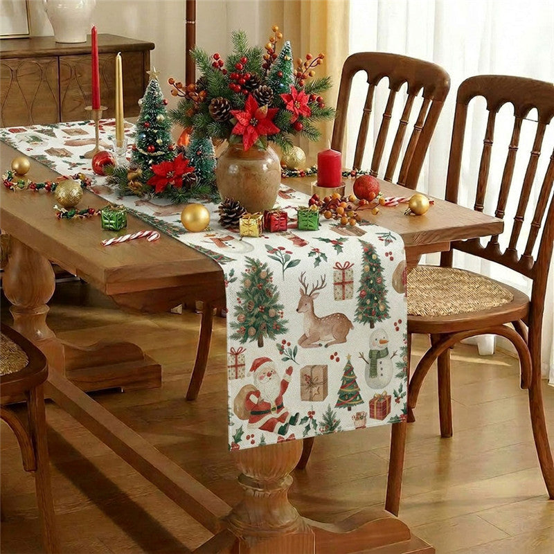 Festive Cotton-Blend Table Runner with Nutcracker and Christmas Tree Print