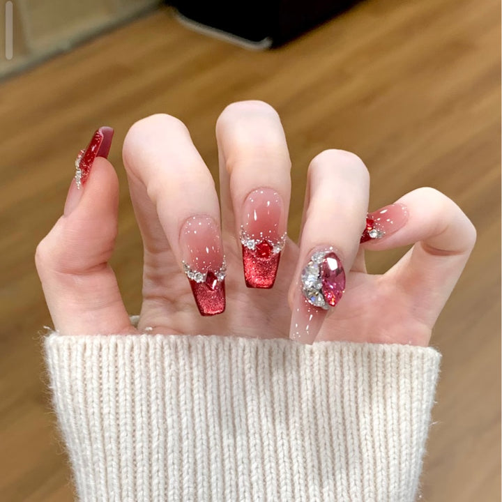 Artistic Press-On Nail Art Set with Floral and Gemstone Accents Stornfield