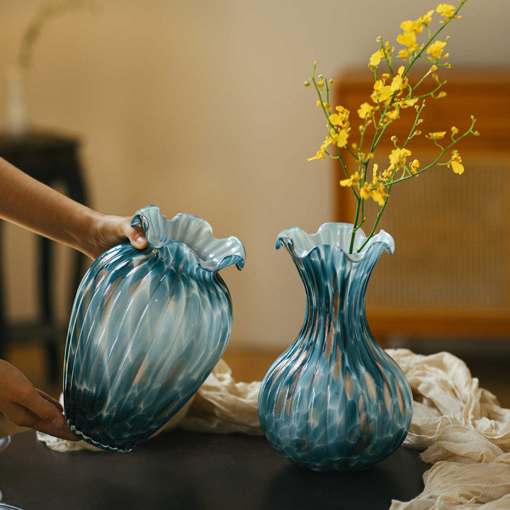 Handblown Sculptural Rippled Bulb Vase with Ruffled Neck Stornfield