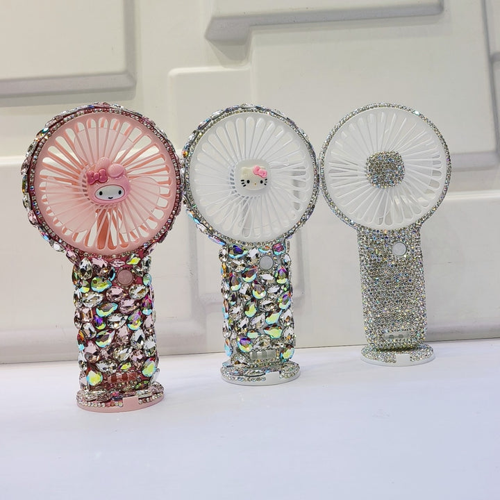 Women's portable hand fan rechargeable with rhinestone accents and cat emblem Stornfield