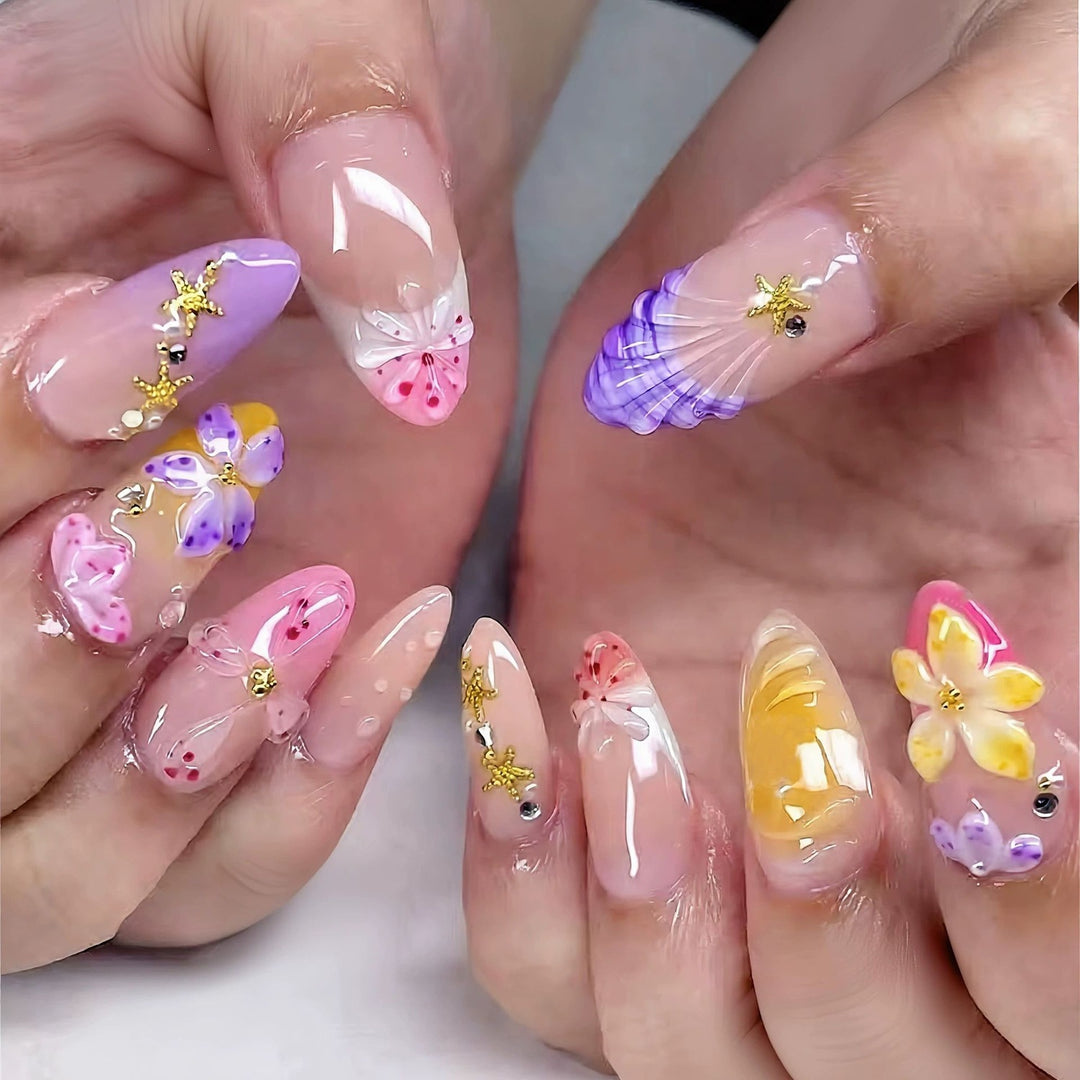Decorative Press-On Nail Set with Floral Accents