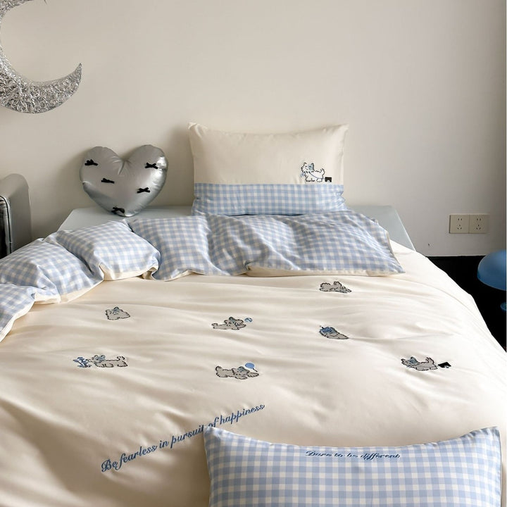 Cute Embroidered Puppy Cotton Sateen Duvet Cover Set with Gingham Reversible Shams