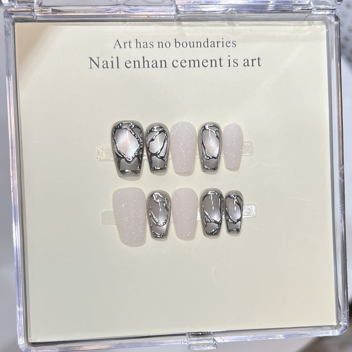 Elegant Acrylic Press-On Nail Art Set with Metallic Design Elements Stornfield