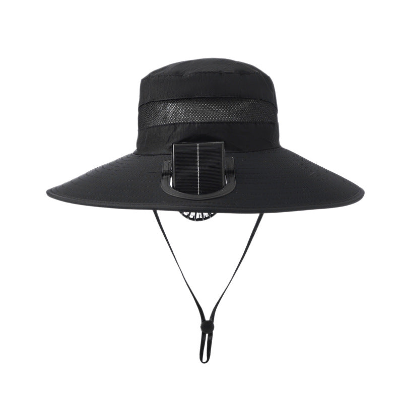 wide-brimmed outdoor sun hat with solar module, quiet mini fan, and adjustable chin strap Stornfield