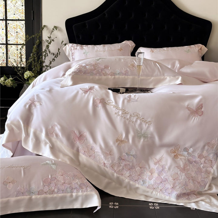 Silky Satin Embroidered Butterfly Duvet Cover & Pillow Sham Set