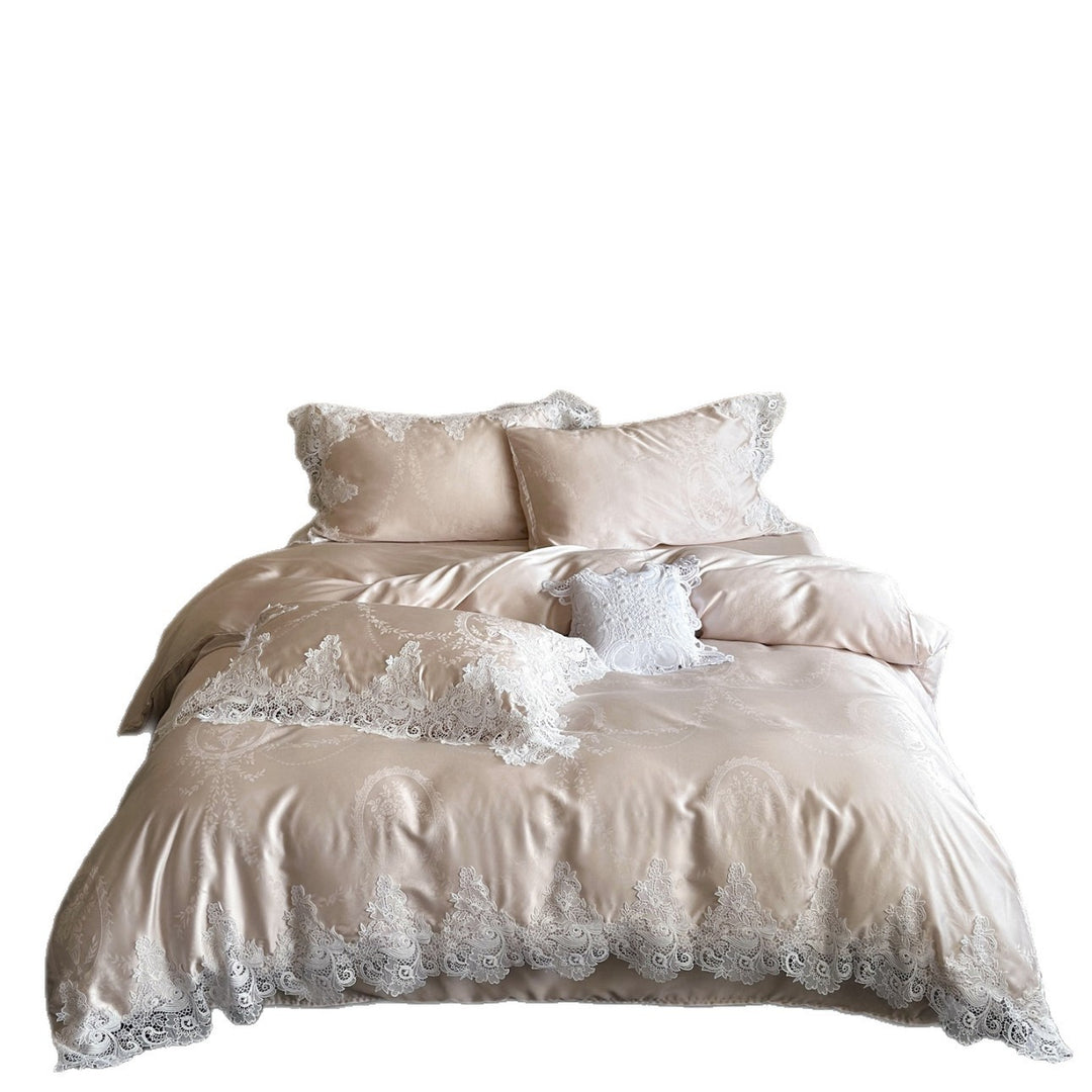 Luxurious Satin Jacquard Duvet Cover Set with Venetian Lace Trim