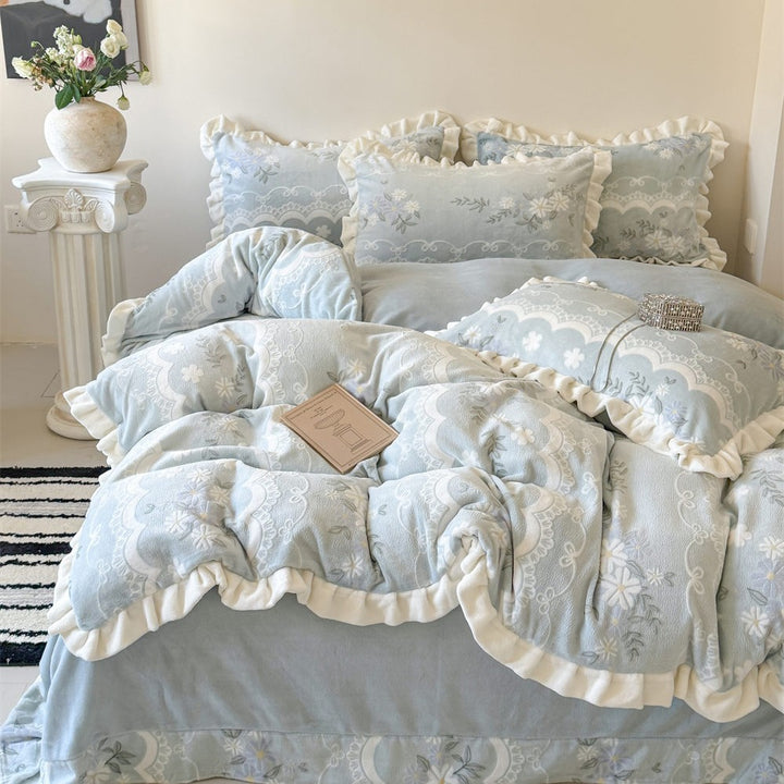Ruffled Cotton Flannel Duvet Cover and Sham Bedding Set