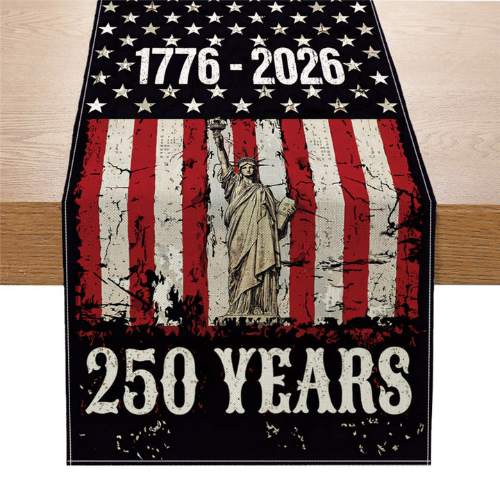Patriotic Cotton-Linen Table Runner with Statue of Liberty and American Flag Print
